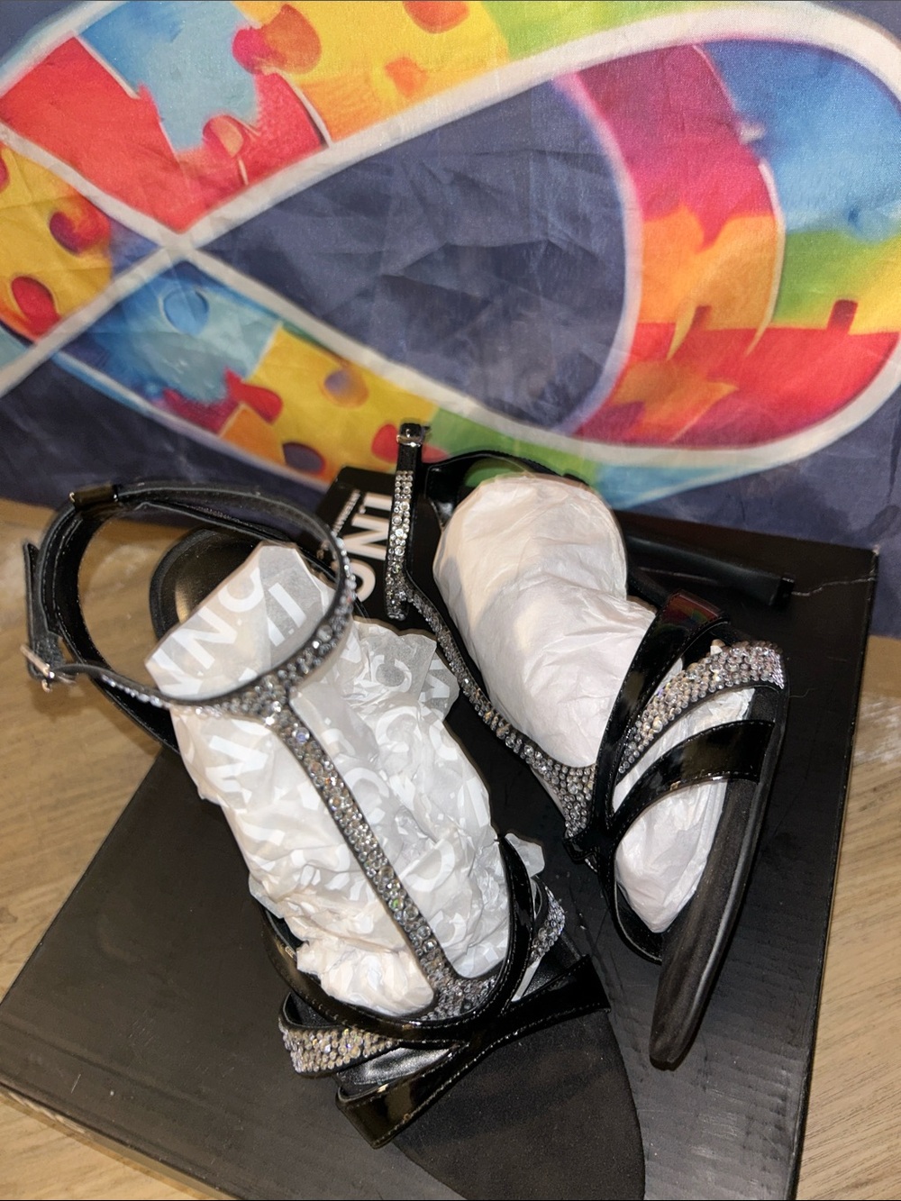 Women's Black Rhinestone T-Strap Heeled Sandals INC international companies